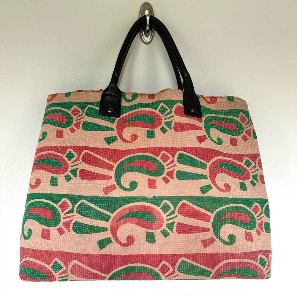 Karma Living Kantha Quilt Large Tote Bag with Leather Handles